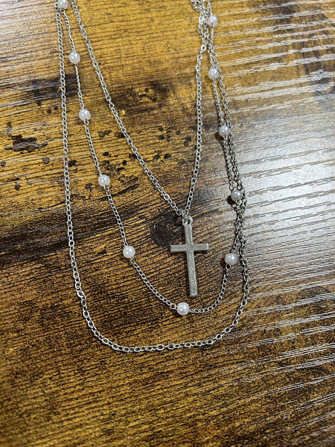 PEARL & CROSS NECKLACES (3 CHAINS)