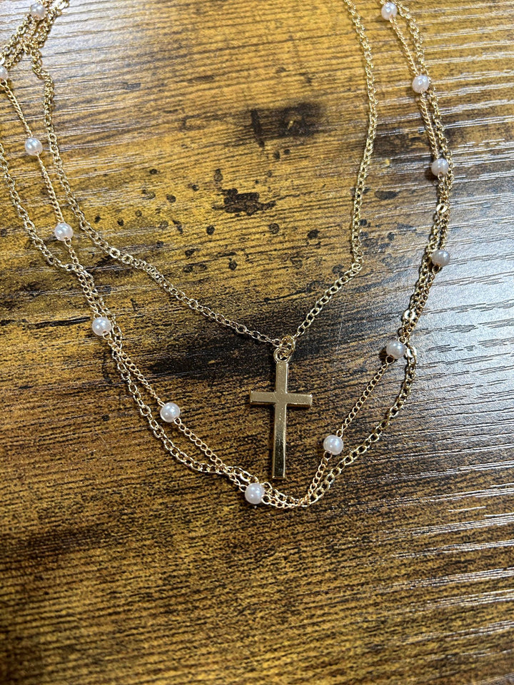 PEARL & CROSS NECKLACES (3 CHAINS)