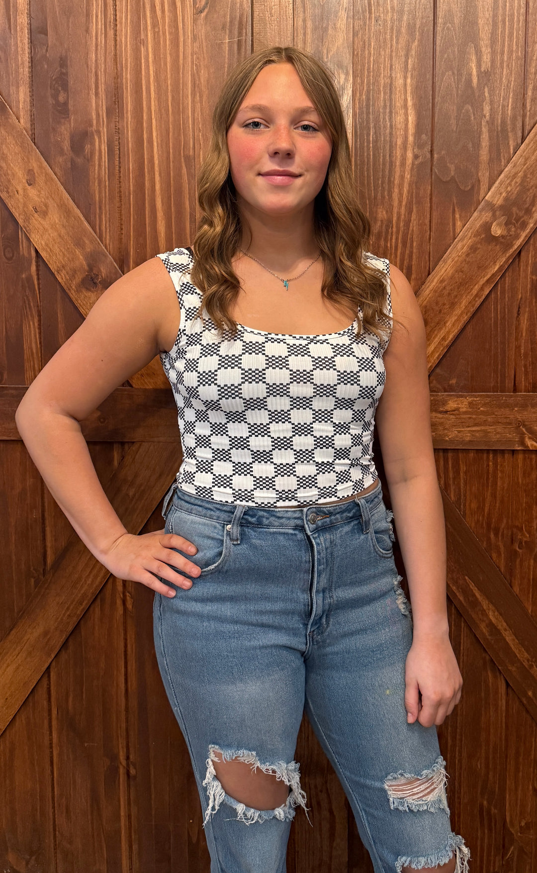 CHECK ME TWICE SCOOP CROP TANK