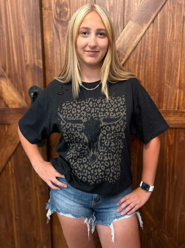 LEOPARD COW SKULL LONG CROPPED TEE