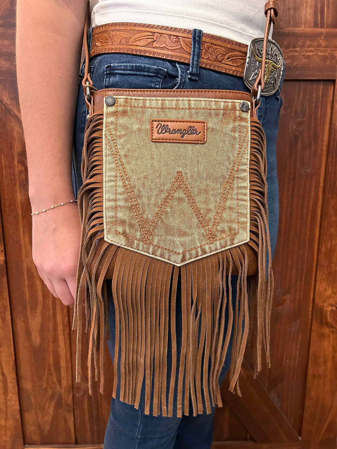 LIGHT BROWN WRANGLER FRINGE DENIM POCKET CORSSBODY