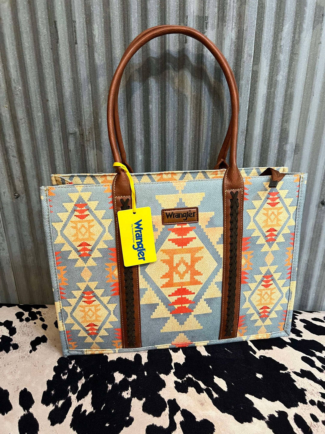 LIGHT BLUE WRANGLER SOUTHWESTERN PATTERN DUAL SIDED PRINT CANVAS WIDE TOTE