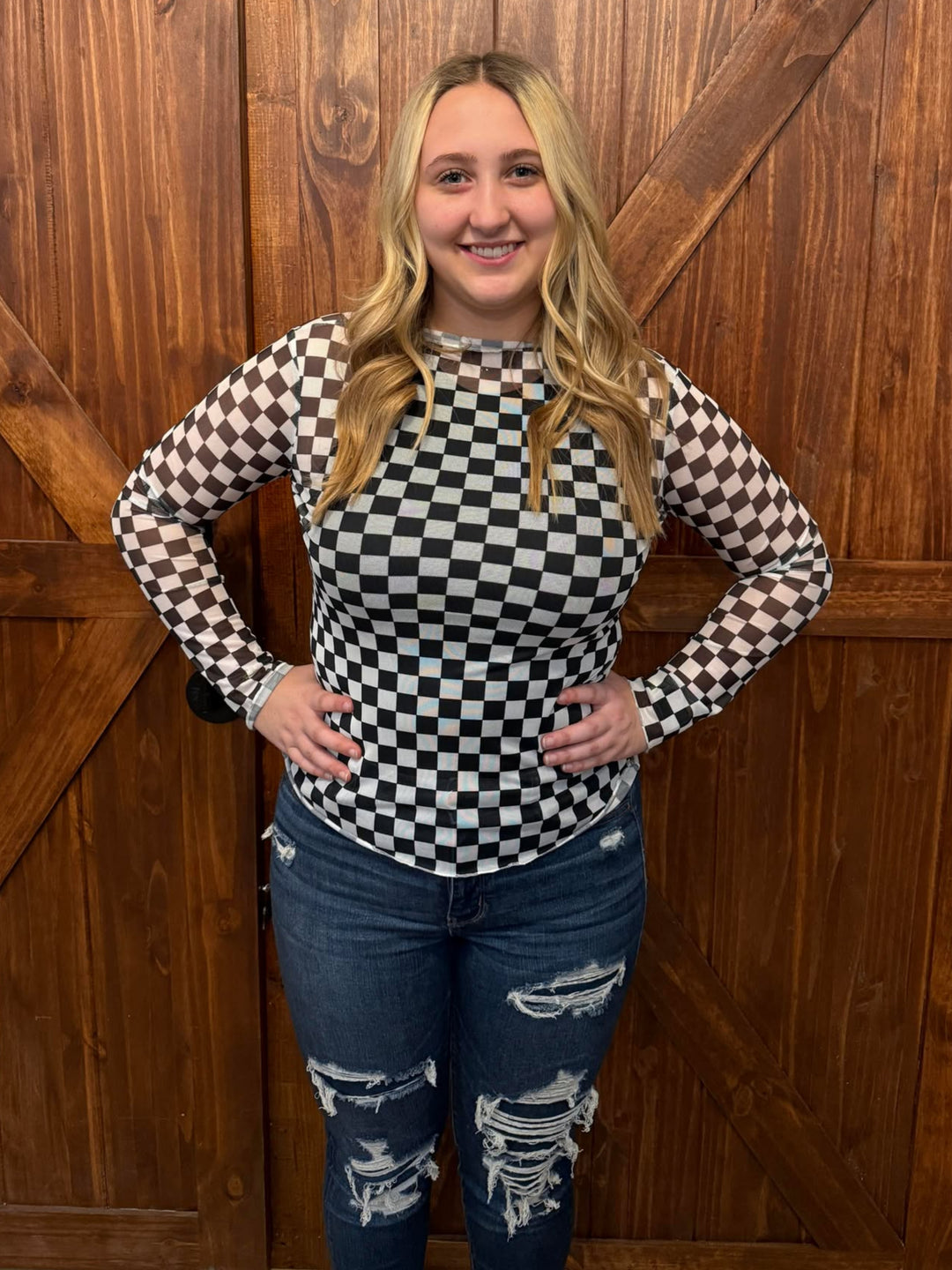 CHECKERED SLEEK STYLE MESH TOP