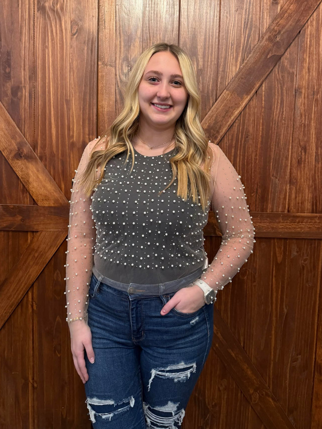 NUDE PEARL MESH TOP