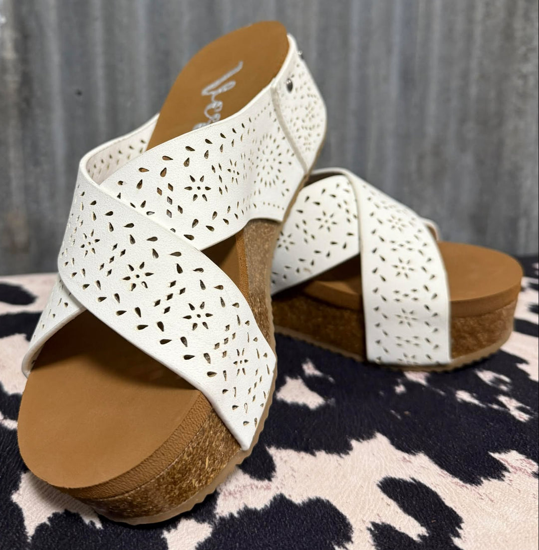 LET'S SNEAK AWAY WHITE WEDGE SANDALS