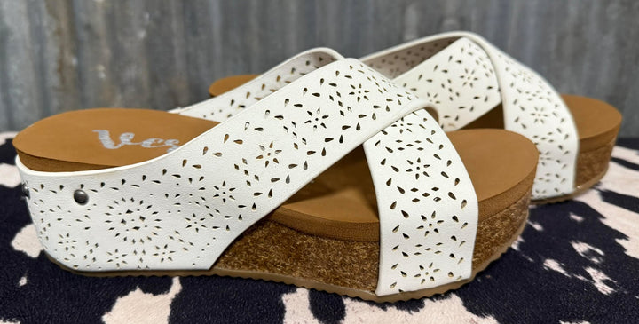 LET'S SNEAK AWAY WHITE WEDGE SANDALS