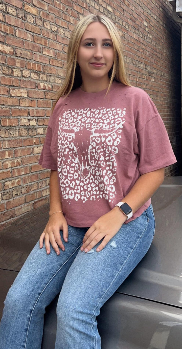 LEOPARD COW SKULL LONG CROPPED TEE