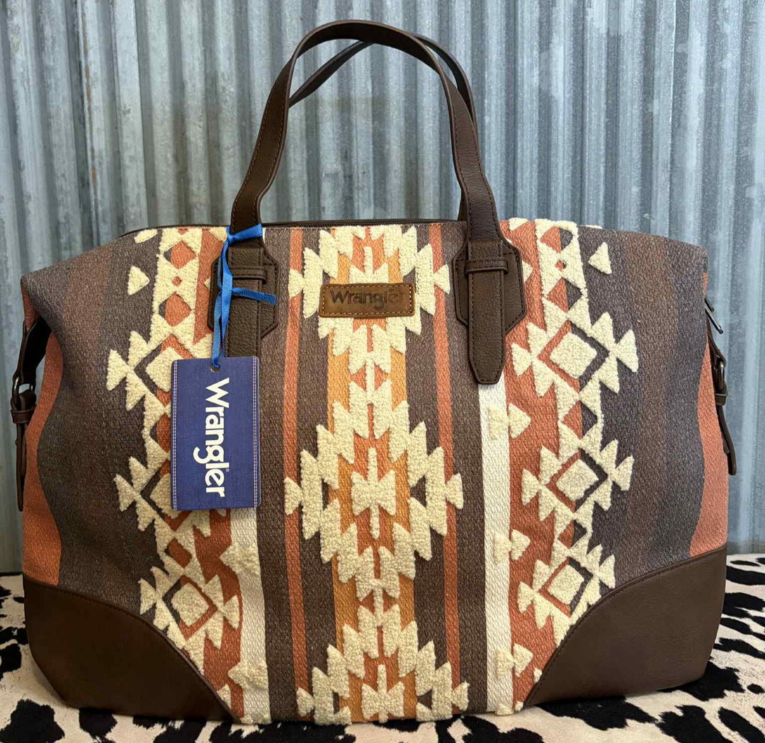 DARK BROWN WRANGLER SOUTHWESTERN PRINT DUFFLE BAG
