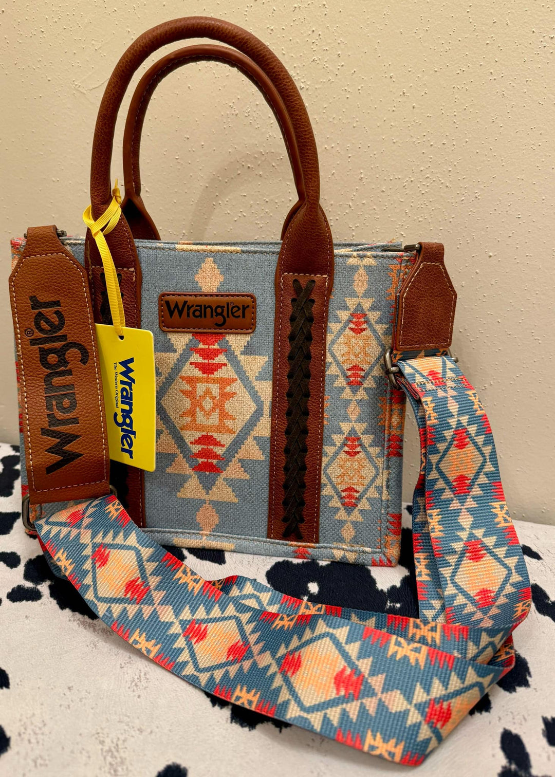 LIGHT BLUE WRANGLER SOUTHWESTERN CANVAS CROSSBODY TOTE