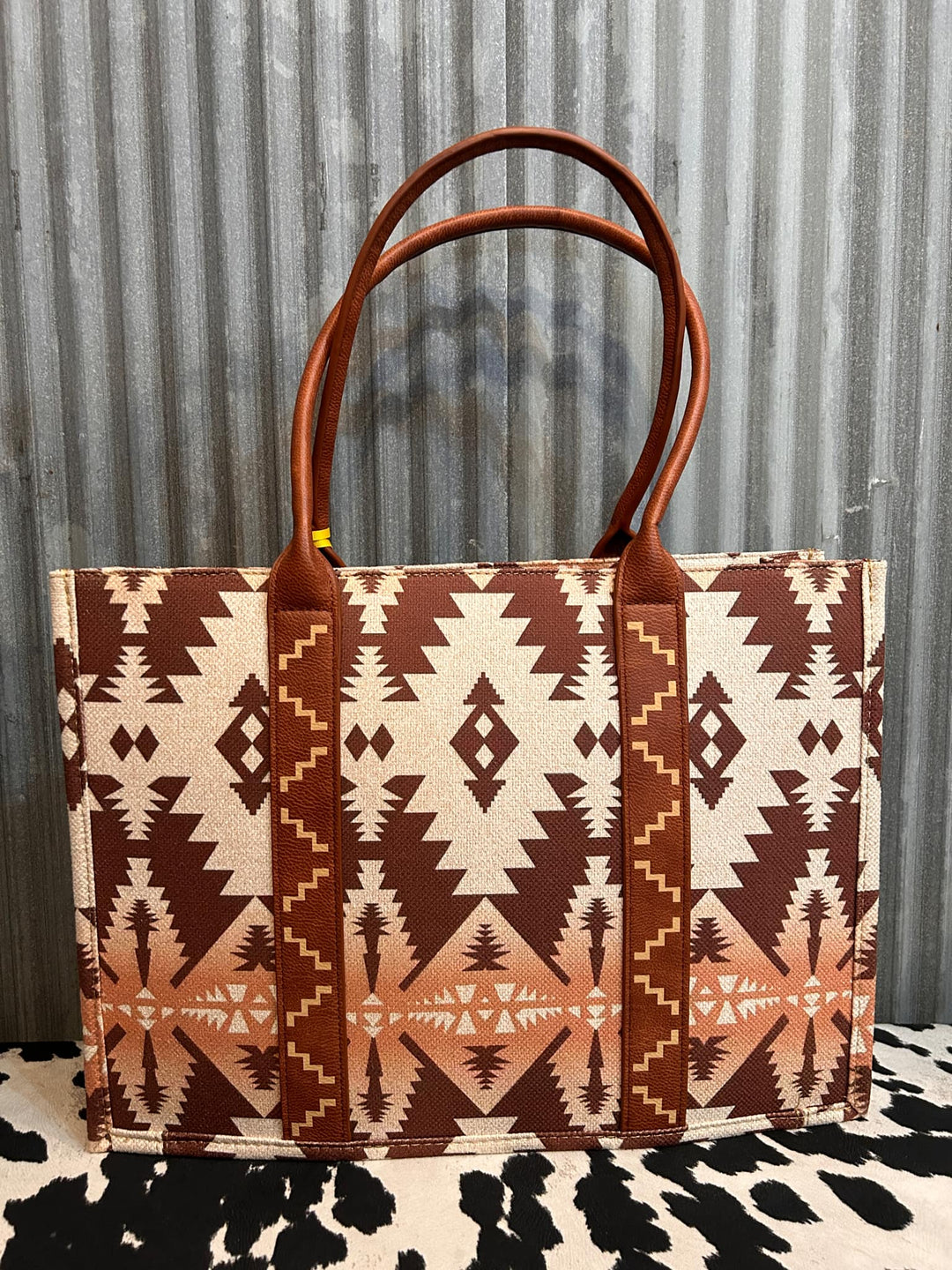 LIGHT COFFEE WRANGLER SOUTHWESTERN PATTERN DUAL SIDED PRINT CANVAS WIDE TOTE
