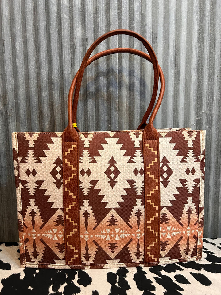 LIGHT COFFEE WRANGLER SOUTHWESTERN PATTERN DUAL SIDED PRINT CANVAS WIDE TOTE