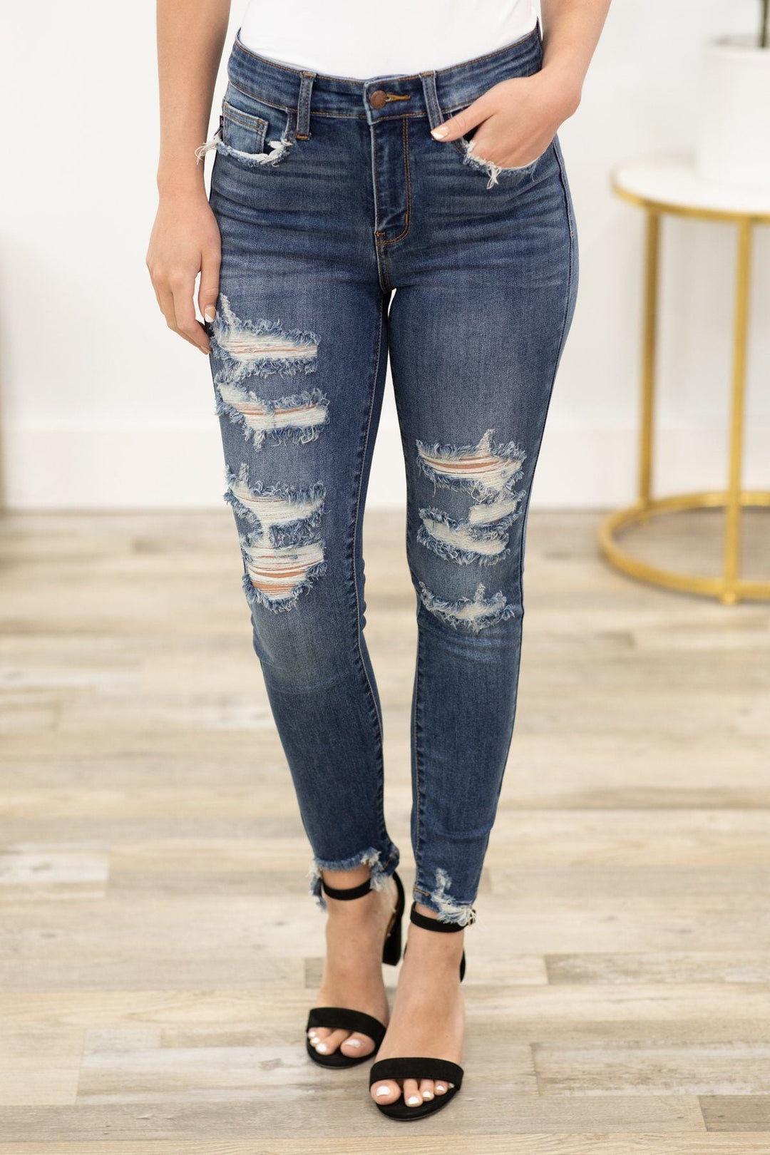 50% OFF JUDY BLUE MID RISE RAW HEM DESTROYED SKINNY JEANS