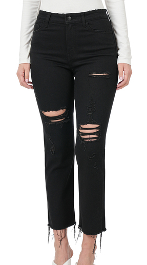 75% OFF ZENANA DISTRESSED CROPPED BLACK JEANS