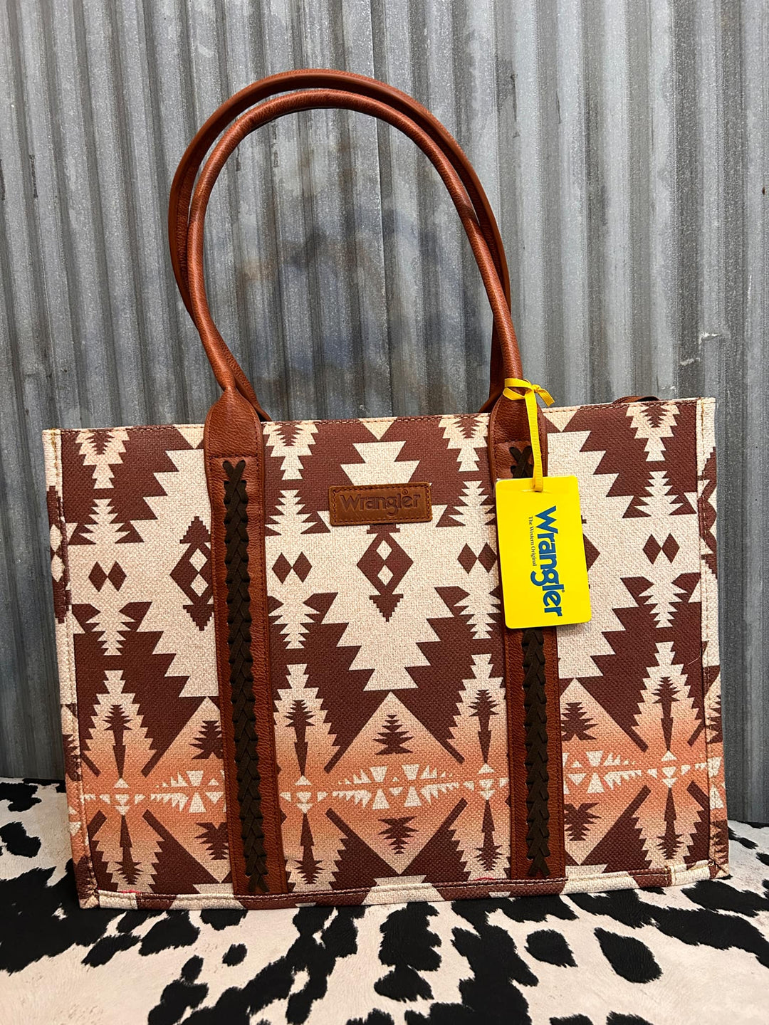 LIGHT COFFEE WRANGLER SOUTHWESTERN PATTERN DUAL SIDED PRINT CANVAS WIDE TOTE