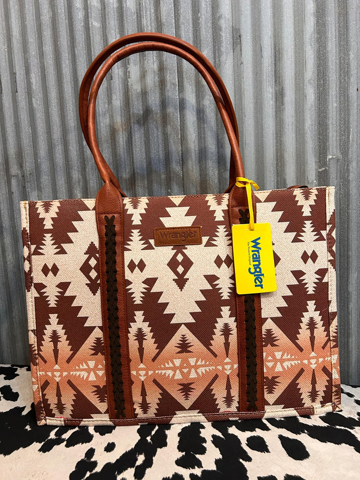 LIGHT COFFEE WRANGLER SOUTHWESTERN PATTERN DUAL SIDED PRINT CANVAS WIDE TOTE