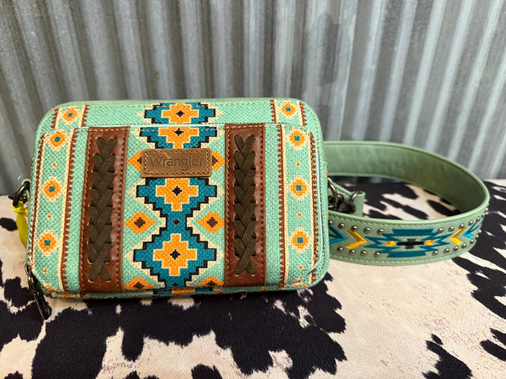 MINT GREEN WRANGLER AZTEC CROSSBODY WITH WALLET COMPARTMENT