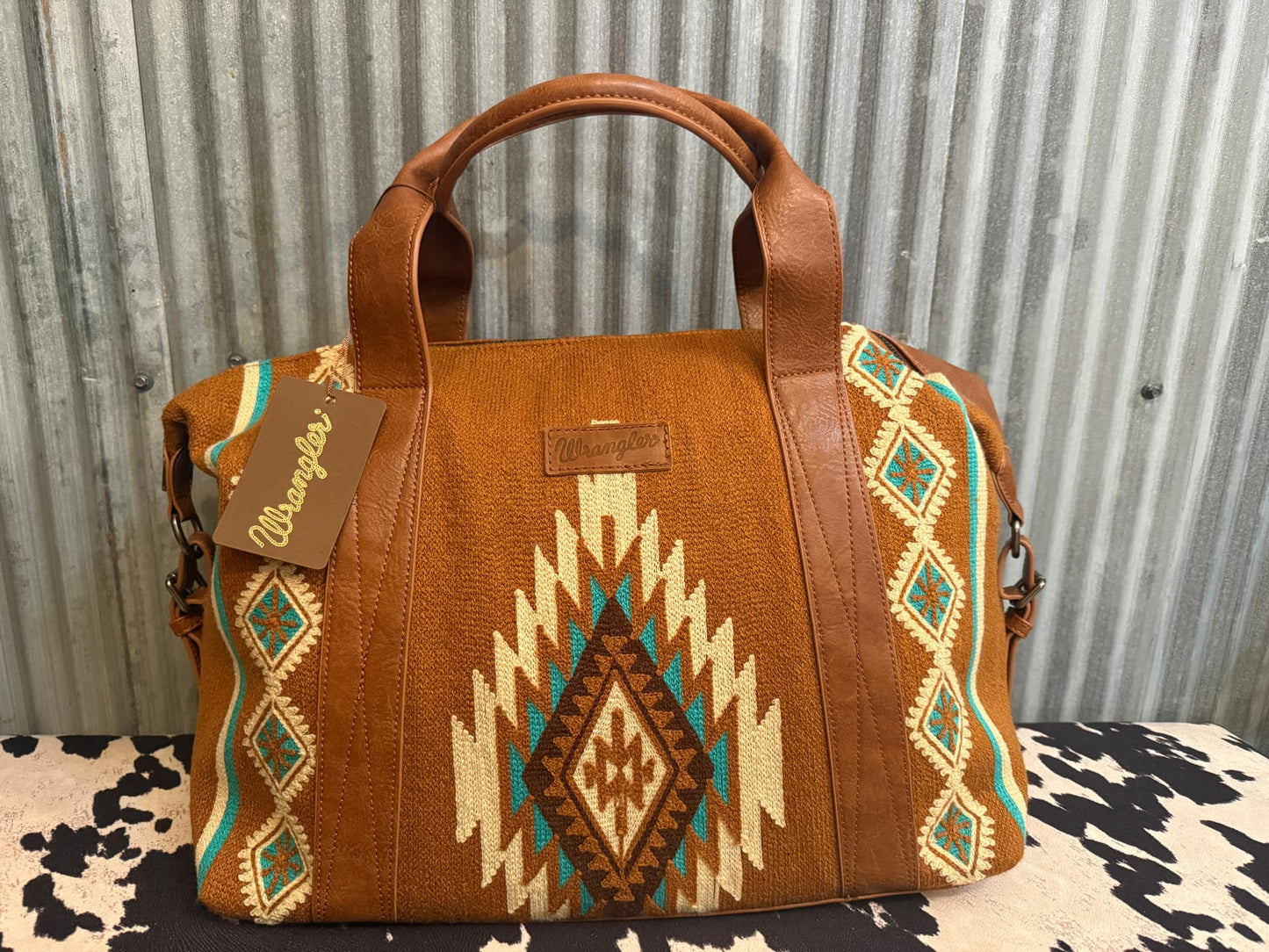 BROWN WRANGLER SOUTHWESTERN PRINT DUFFLE BAG