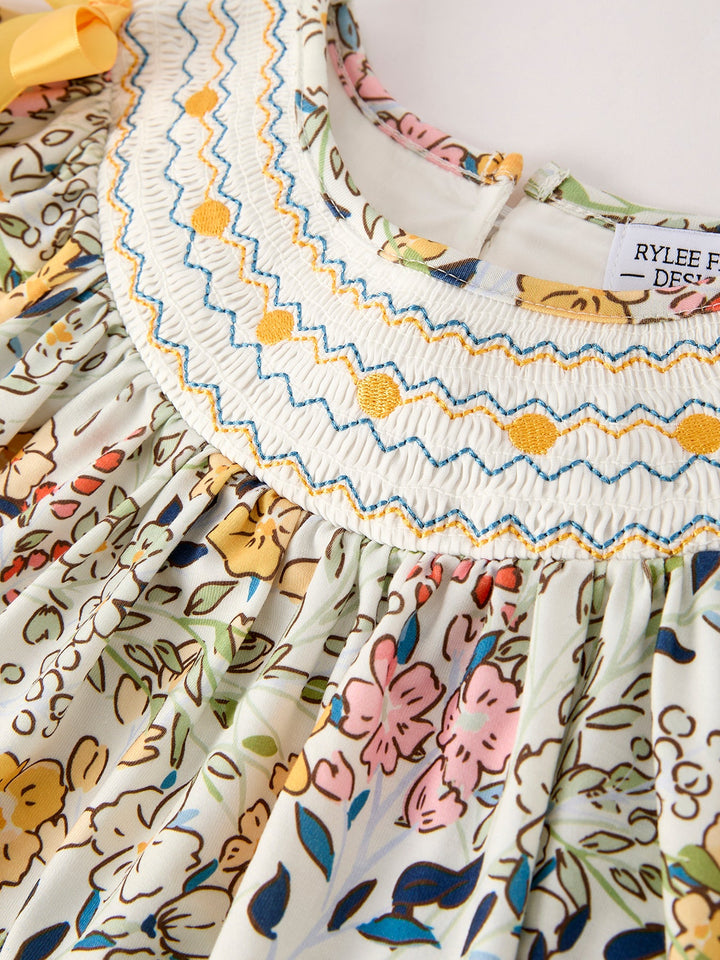Fall  Embroidery Smocking Bow Floral Leaf Baby Girls Dress