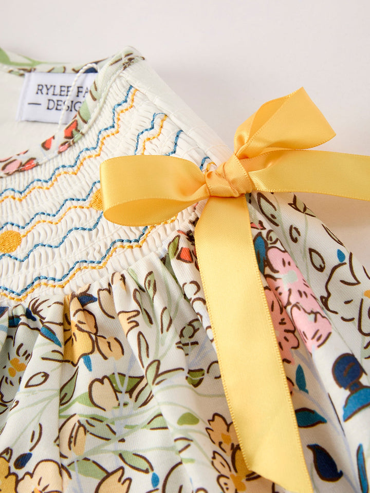 Fall  Embroidery Smocking Bow Floral Leaf Baby Girls Dress