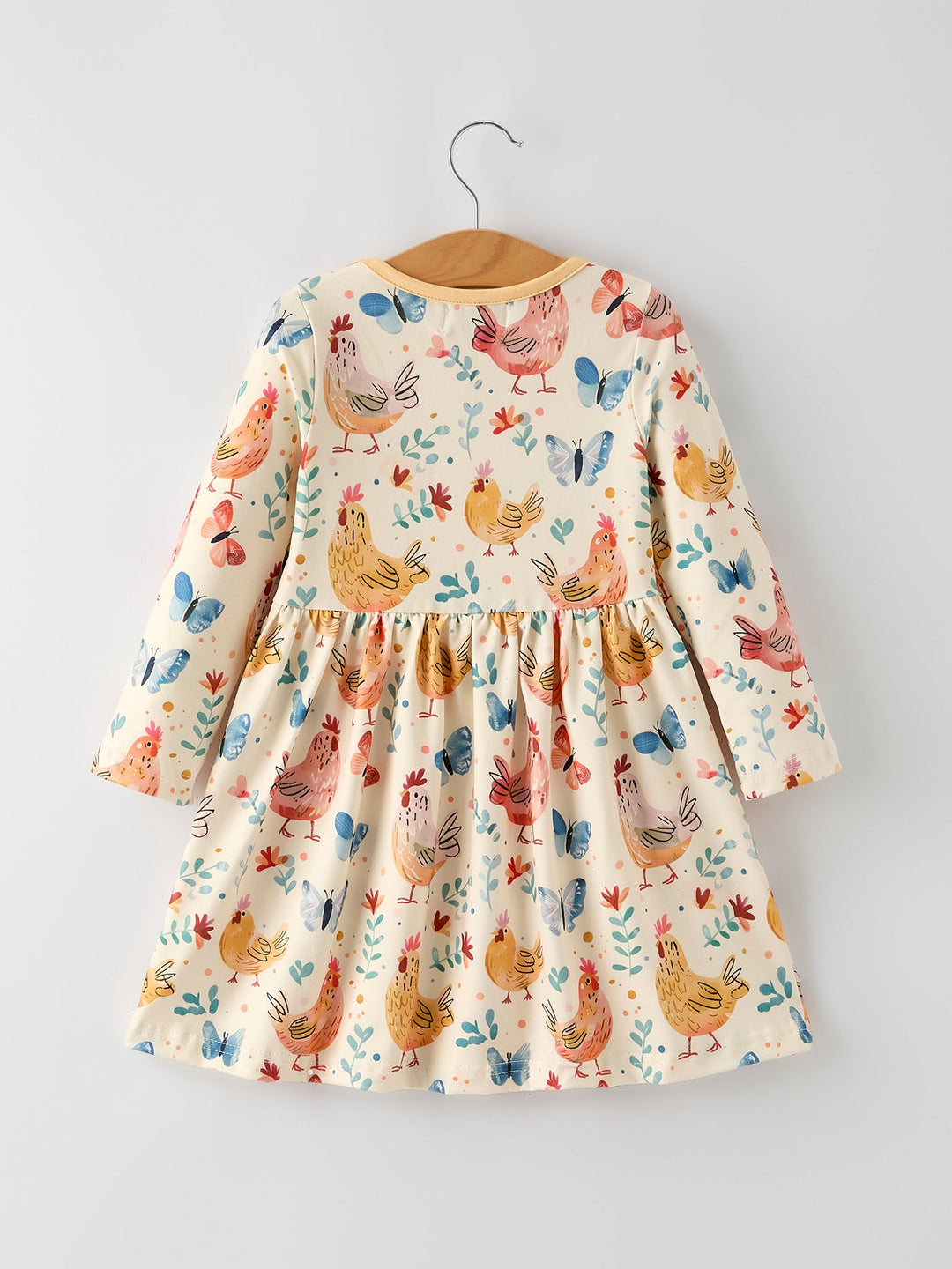 Charming Chicken & Butterfly Girls Dress with Cute Ruffled Pockets