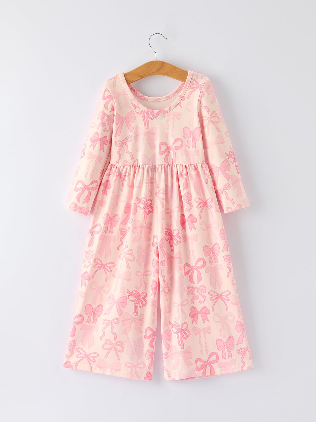 Girls Pink Bow Print Long Sleeve Jumpsuit