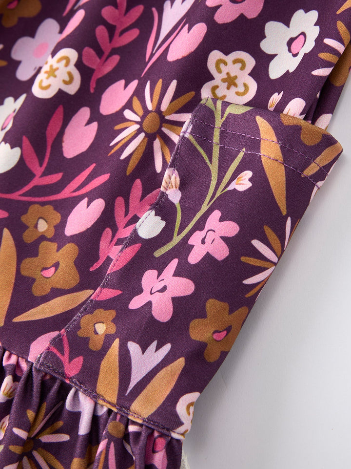 Retro Floral Print Short Sleeve  Girls Dress  with Pockets