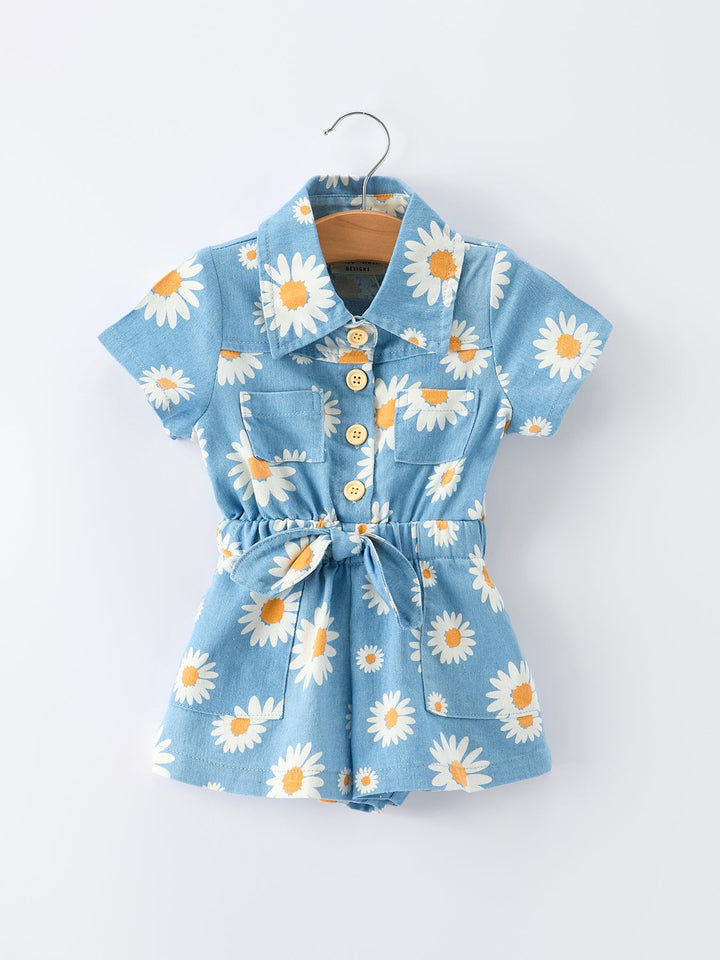 Spring Daisy Print Girls Blue Denim Jumpsuit