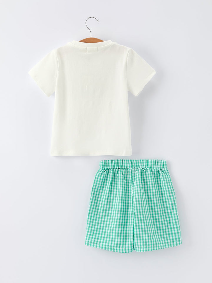 Pickle Ball Spring Gingham Embroidered Smocked Green Boys Shorts Set