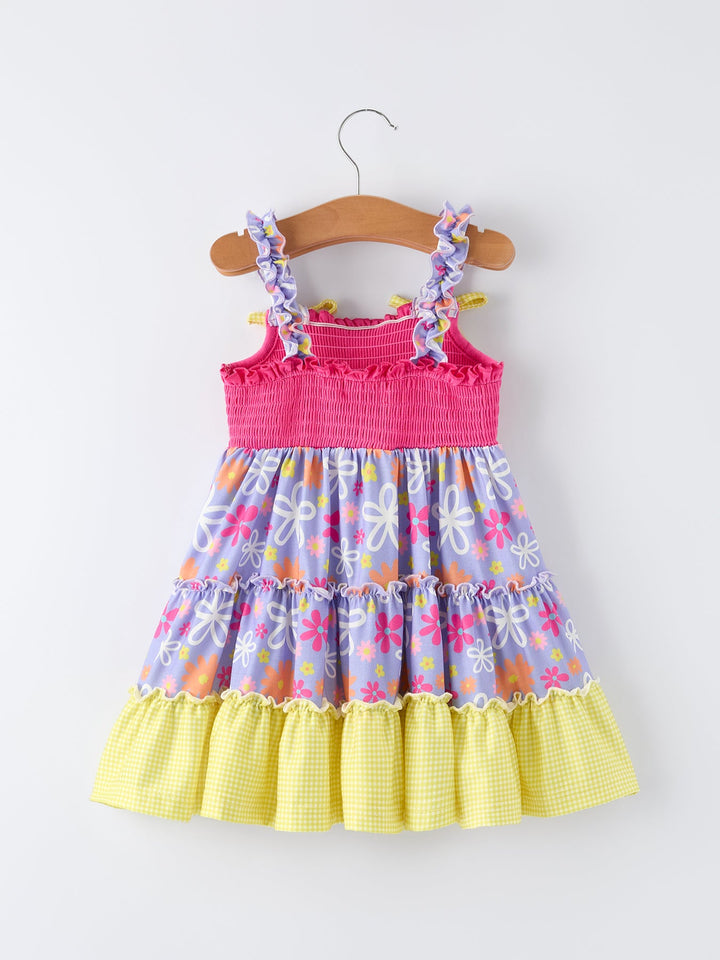 Summer Floral Girls Bow Ruffle Smocked Dress