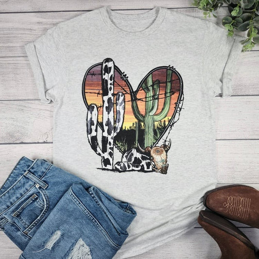 SUNSET DESERT HEART & COW PRINT CACTUS GRAPHIC TEE