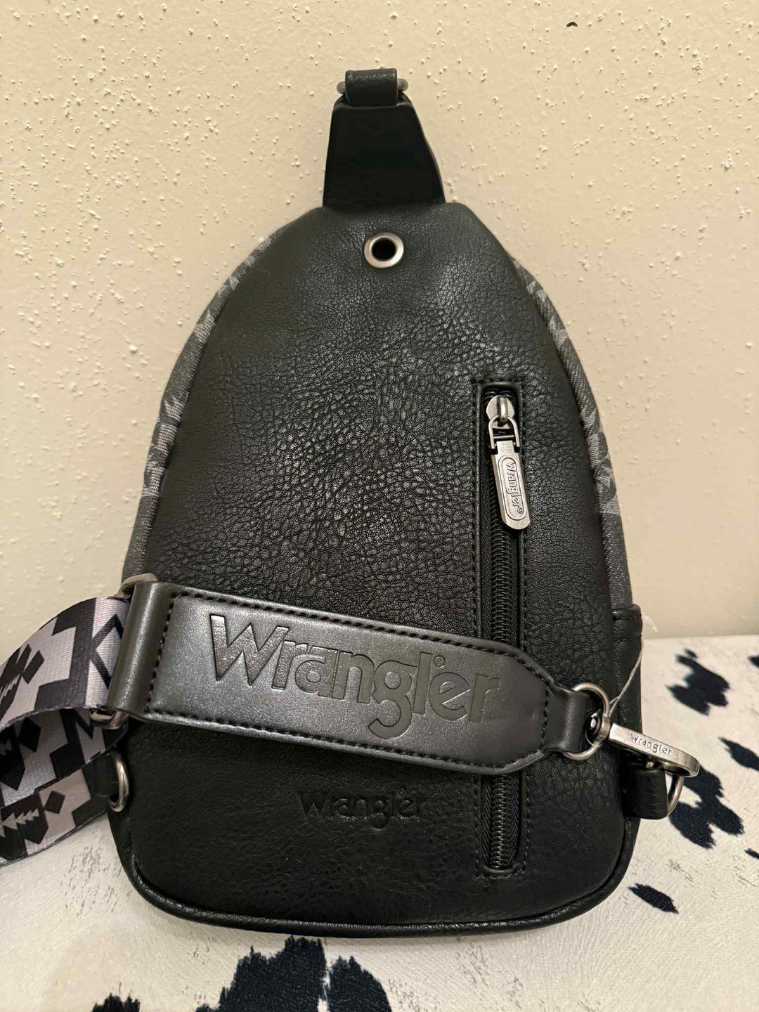 BLACK AZTEC PATTERN WRANGLER CROSSBODY CHEST BAG