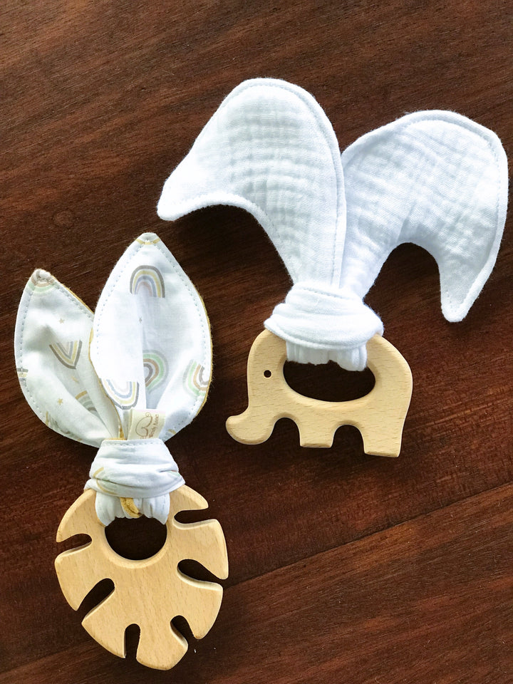 Baby Beech Wood Teether with Organic Cotton Fabric Tie
