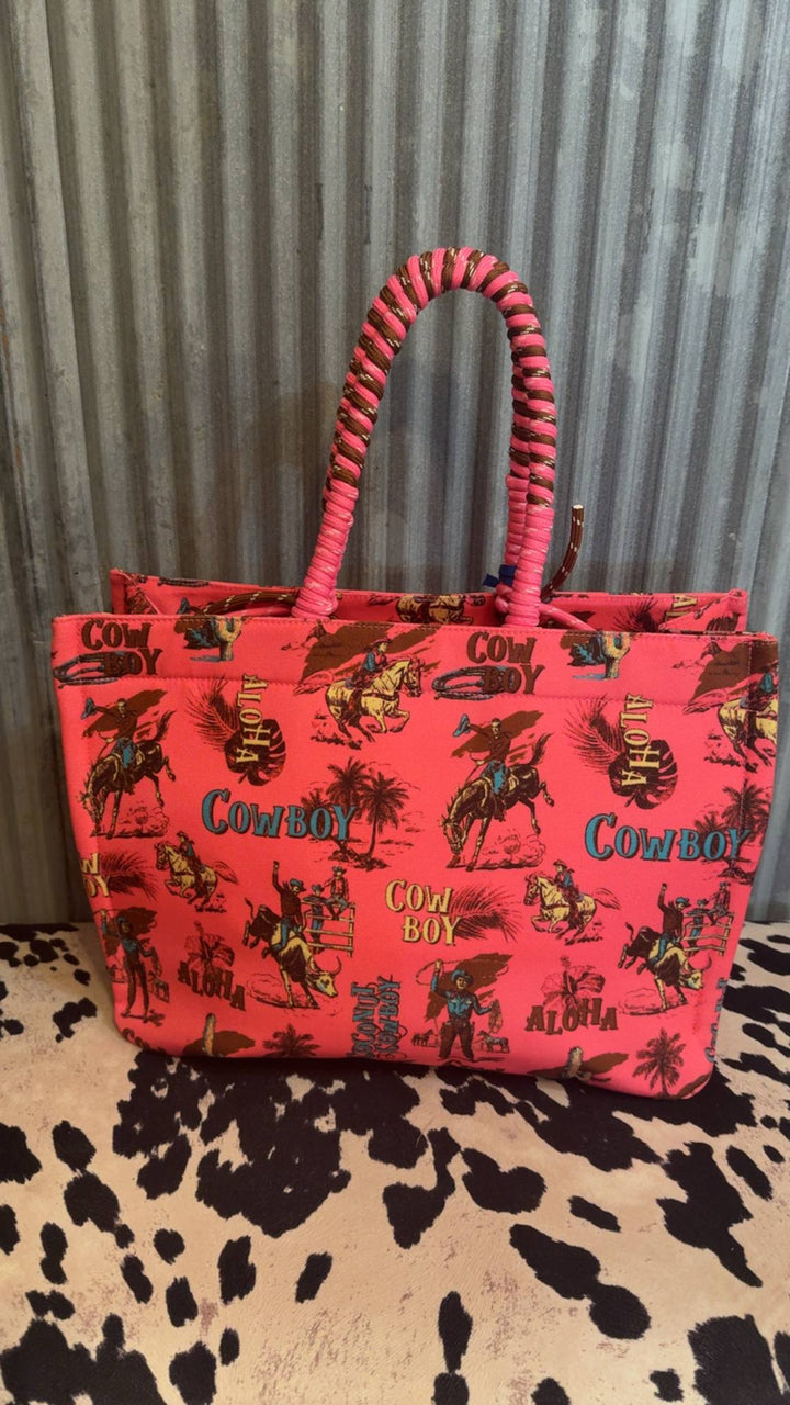 HOT PINK COWBOY WRANGLER OVERSIZED TOTE BAG BRAIDED HANDLES WEEKENDER BAG