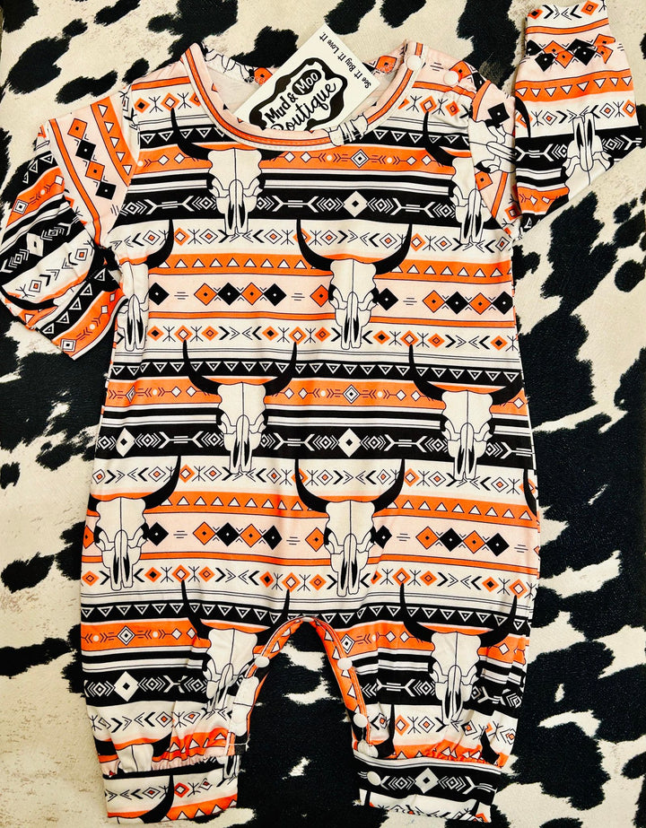 AZTEC STRIPED ORANGE & BLACK ROMPER/SLEEPER