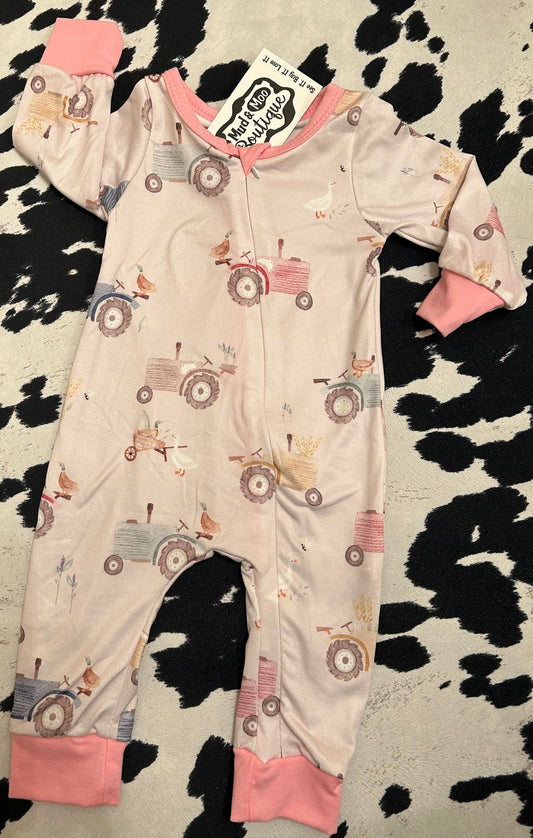 PINK TRACTOR LONG SLEEVE ROMPER/SLEEPER