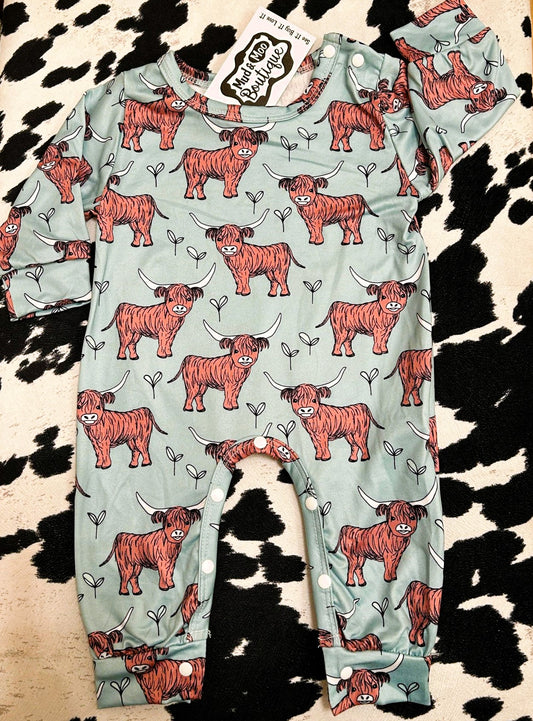 25% OFF TEAL HIGHLAND COW UNISEX LONG SLEEVE ROMPER/SLEEPER