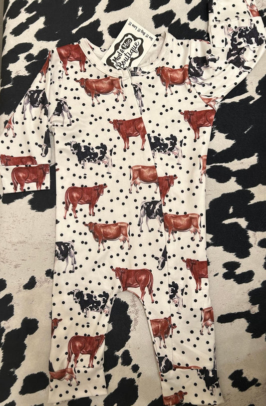 White Polka Dot Cow Romper/Sleeper