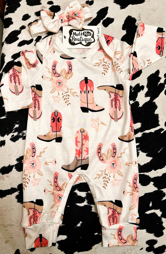 WHITE & PINK COWGIRL BOOT LONG SLEEVE ROMPER/SLEEPER