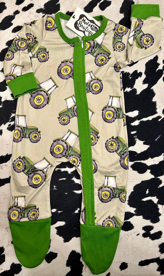 Green Tractor Long Sleeve Footed Romper/Sleeper