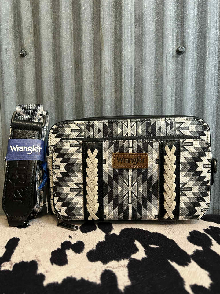 BLACK & WHITE WRANGLER AZTEC CROSSBODY WITH WALLET COMPARTMENT