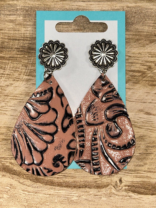 Stamped Faux Leather Teardrop Earrings