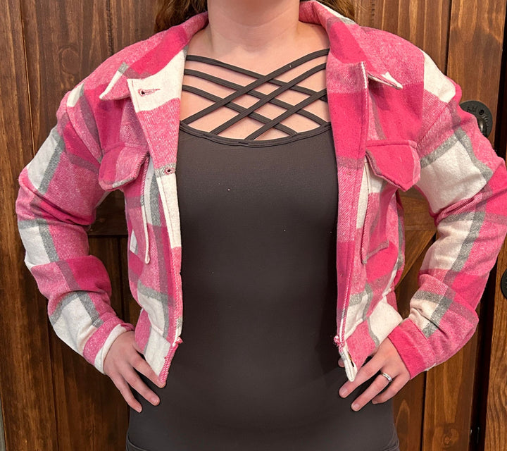 HOT PINIK PLAID CROPPED SHACKET