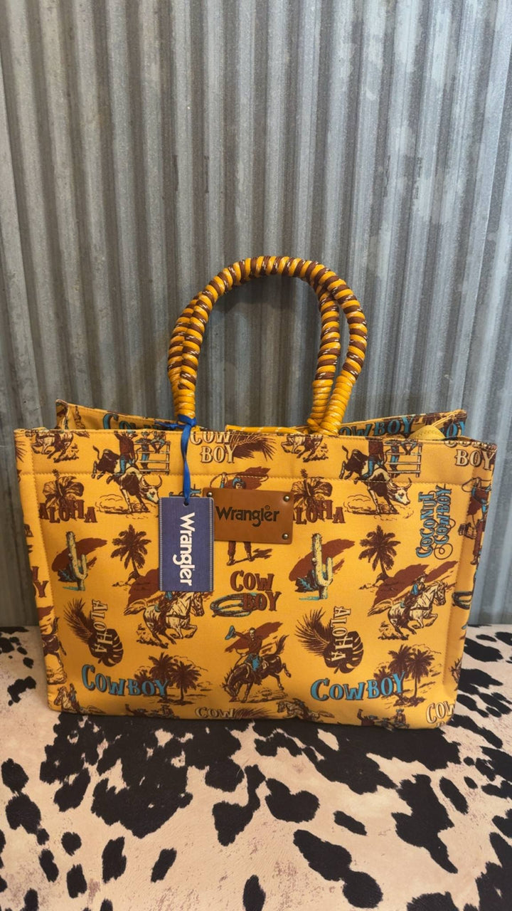 YELLOW COWBOY WRANGLER OVERSIZED TOTE BAG BRAIDED HANDLES WEEKENDER BAG