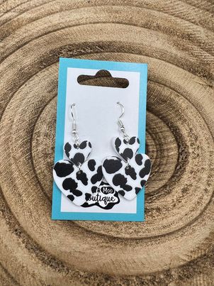 COW PRINT HEART DANGLE EARRINGS