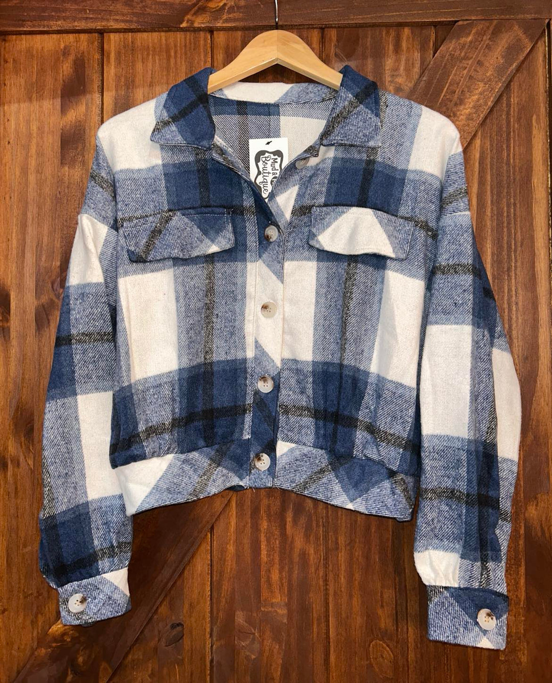 FEELIN’ THE BLUES PLAID CROPPED SHACKET