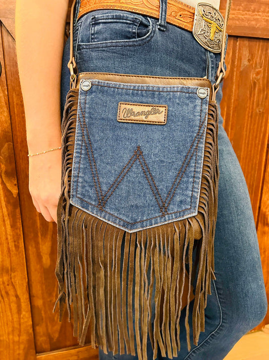 COFFEE WRANGLER FRINGE DENIM POCKET CROSSBODY