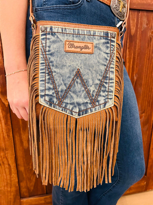 BROWN WRANGLER FRINGE DENIM POCKET CROSSBODY