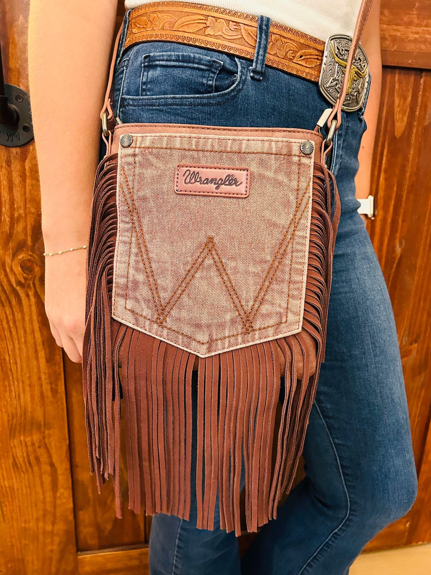 Light Coffee Wrangler Fringe Denim Pocket Crossbody