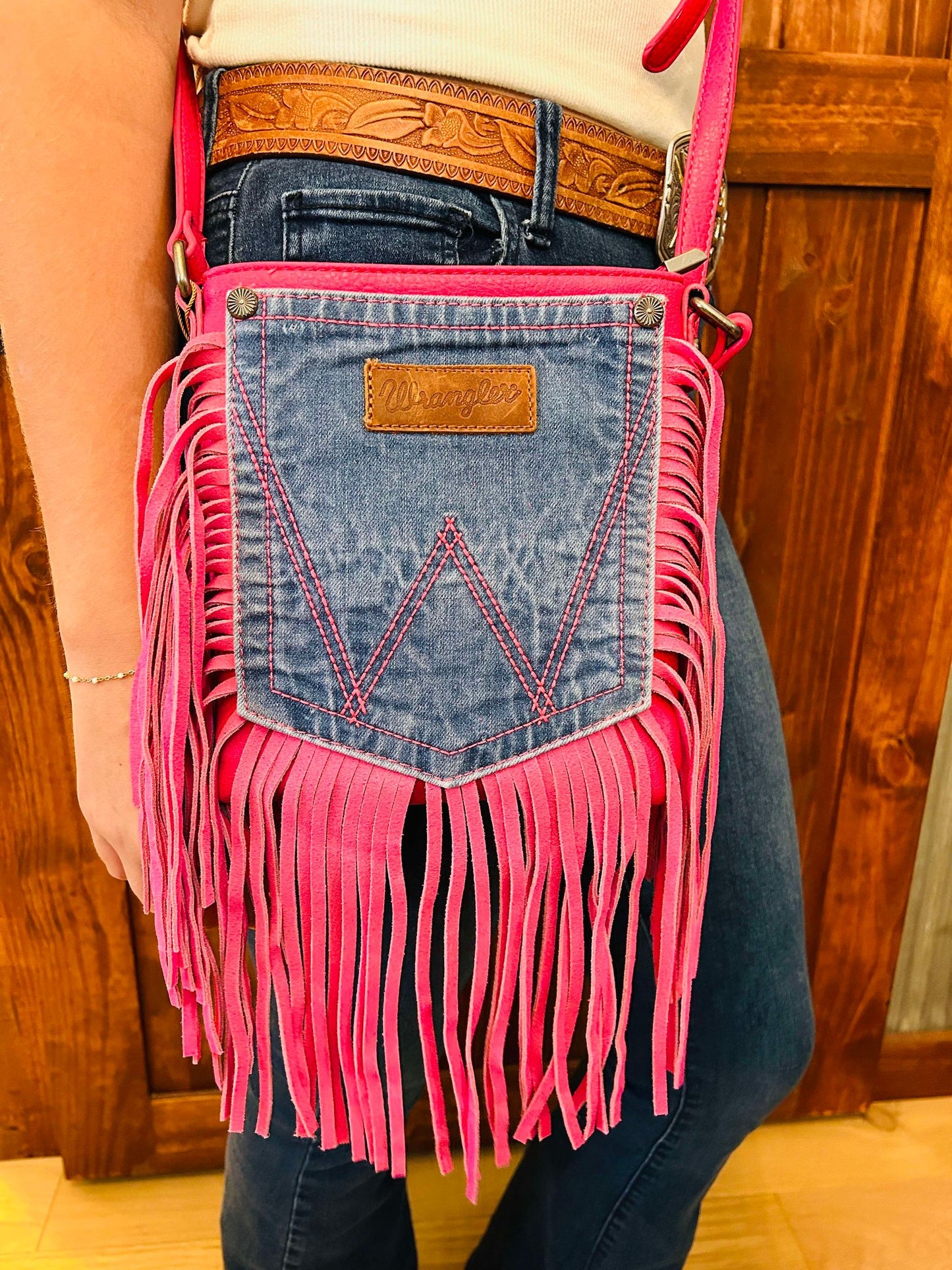 Hot Pink Wrangler Fringe Denim Pocket Crossbody