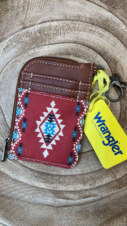 BURGUNDY WRANGLER SOUTHWESTERN PRINY MINI ZIP CARD CASE